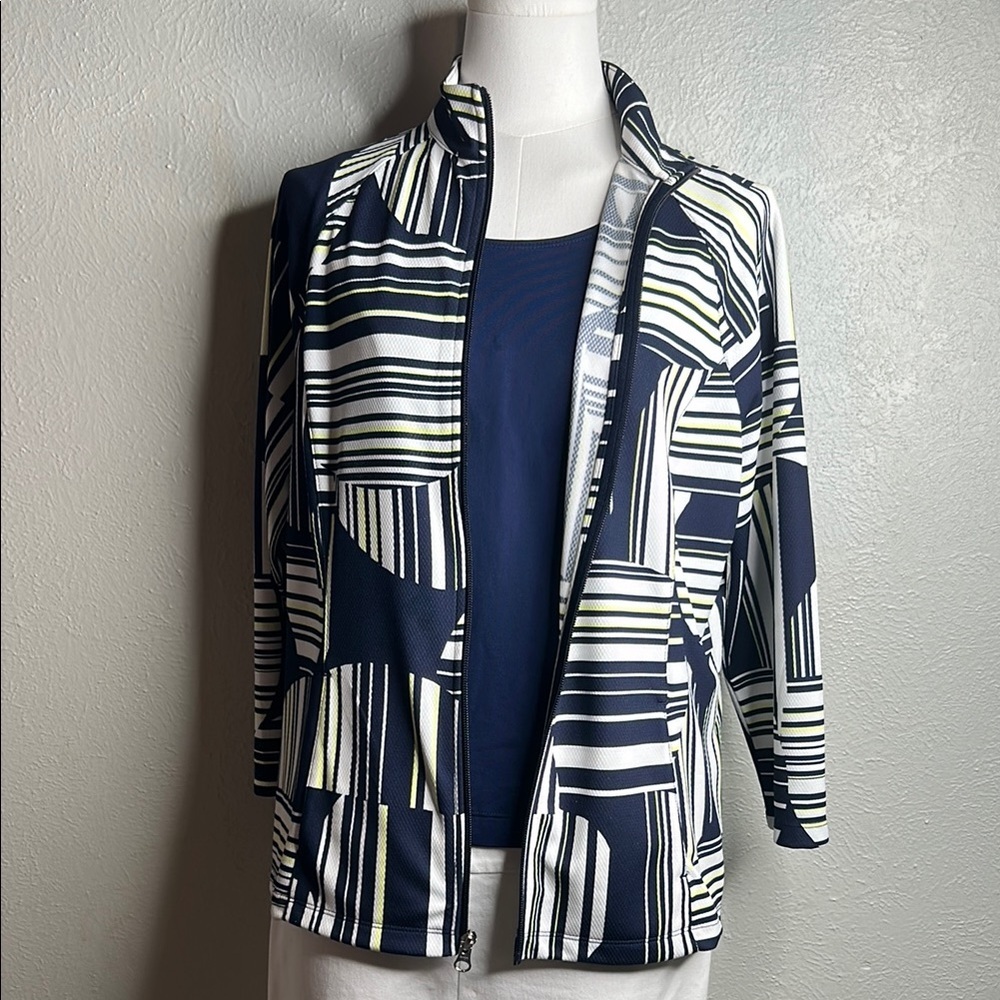 WEEKENDS By Chico’s Navy Linear Dot Striped Knit Wrinkle Free Zip Front Jacket M